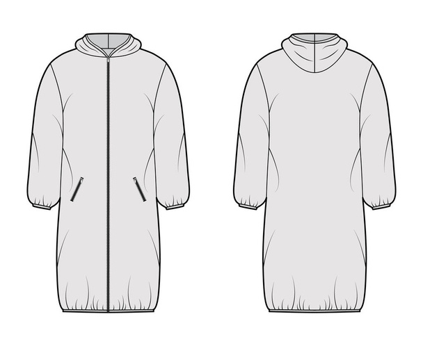 Kabát s kapucí Dole nafukovací kabát technické módní ilustrace se zapínáním na zip-up, kapsy, boxy fit, délka kolena - Vektor, obrázek