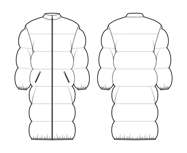 Down puffer kabát kabát technikai divat illusztráció hosszú ujjú, állvány gallér, túlméretezett, térd hossza - Vektor, kép