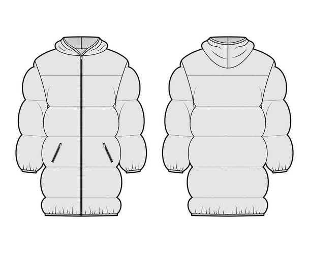 Вниз куртка пиджак техническая мода иллюстрация с капюшоном воротник, застежка-молния застежка, негабаритные, длина бедра - Вектор,изображение