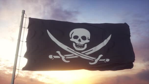 Реалистичный пиратский флаг, машущий ветром, небом и солнцем - Кадры, видео