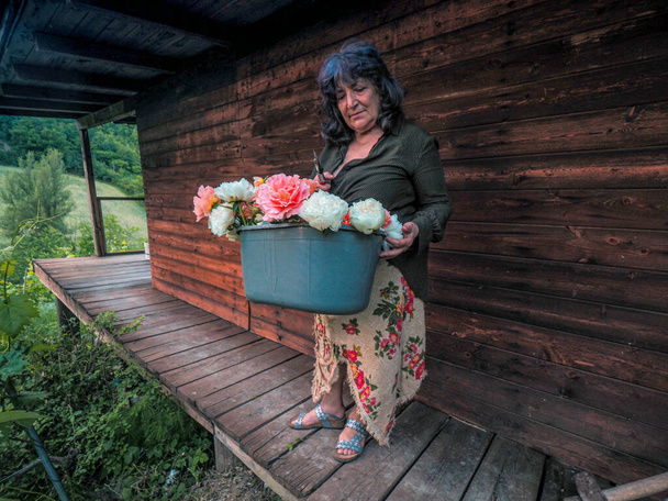 An Italian senior woman collecting flowers from her garden - Fotoğraf, Görsel