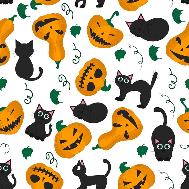 Patrón sin costuras calabaza de Halloween y gato negro sobre un fondo blanco. Ilustración plana vectorial. fondos de pantalla, textiles, diseño de banners. Tema festivo - calabaza con sonrisa y gato. - Vector, Imagen