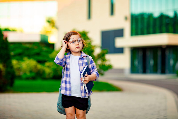 a beautiful little girl, a schoolgirl, wearing glasses, is standing near the school, with a backpack, holding a diary in her hands - Φωτογραφία, εικόνα