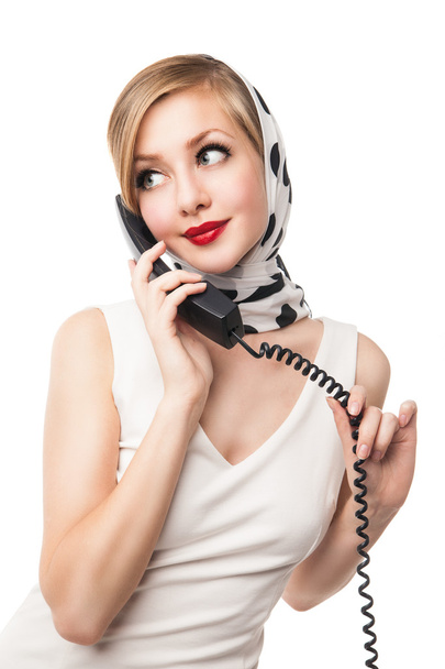 Blond woman talking on the phone. Retro. Isolated - Foto, imagen