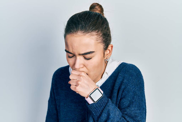 Young caucasian girl wearing casual clothes feeling unwell and coughing as symptom for cold or bronchitis. health care concept.  - Photo, Image