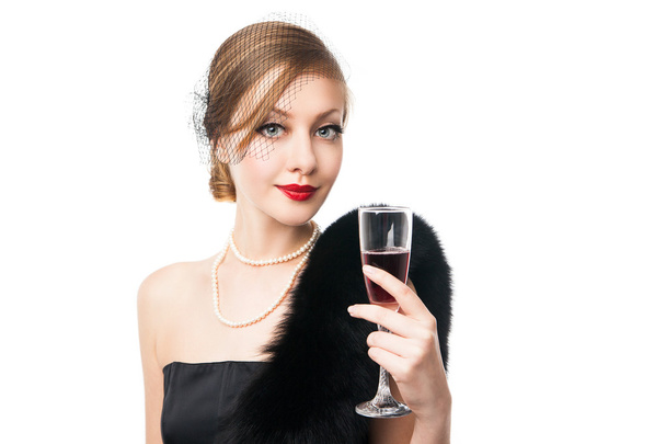 Beautiful woman with glass red wine. Retro style - Fotografie, Obrázek