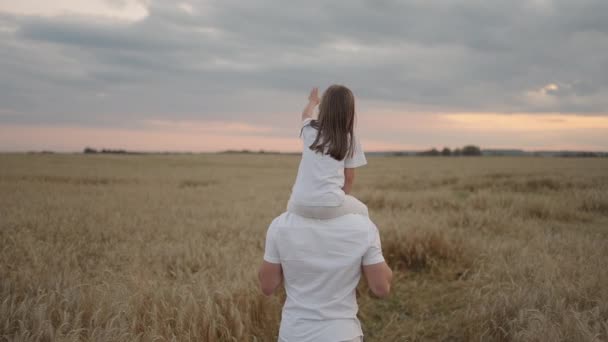 view from the back: Daddy carries on his shoulders his beloved little healthy daughter in sun. In slow motion, the daughter walks with her father on the field and free and happy waves her hands up.  - Footage, Video