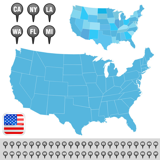 Carte des États-Unis avec épingles d'État
 - Vecteur, image