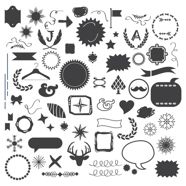 Set of 60 black random silhouette and line isolated motifs icons design elements on white background - Vector, Image
