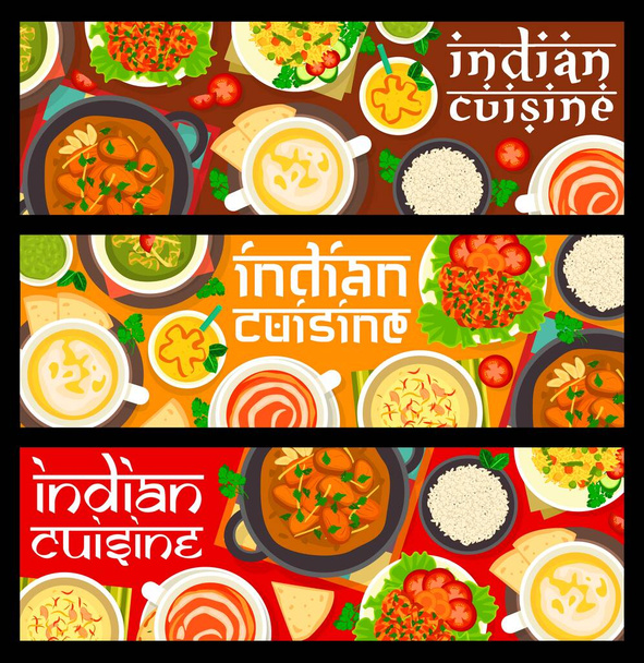 Indická kuchyně vaří bannery. Lassi jogurtový nápoj, Pulao rýže a rajčatová polévka, kuře se špenátem Palak Murgh, kreveta v rajčatové omáčce a hrachová polévka, Chawal Ki Kheer pudink, krůtí kari - Vektor, obrázek