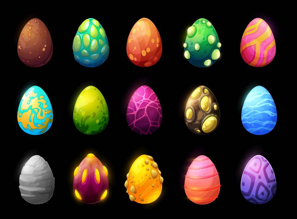 Dinozaur i jajka z kreskówki, zestaw wektorów zasobów dziczyzny. Smocze jaja z kolorowymi teksturowanymi skorupkami, pryszczaty, świecące łuski i pioruny energii mocy i wzór. Izolowane magiczne obiekty graficzne ui - Wektor, obraz