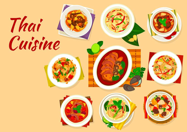 Thai konyha ételeket vektorhús és zöldség élelmiszer, rizs, tészta, piros és zöld currys. kesudiós csirke, kacsa osztrigaszósszal, sertés ananászos kevergetés sült krumplival és bárány masszőr curry, ázsiai étlap dizájn - Vektor, kép
