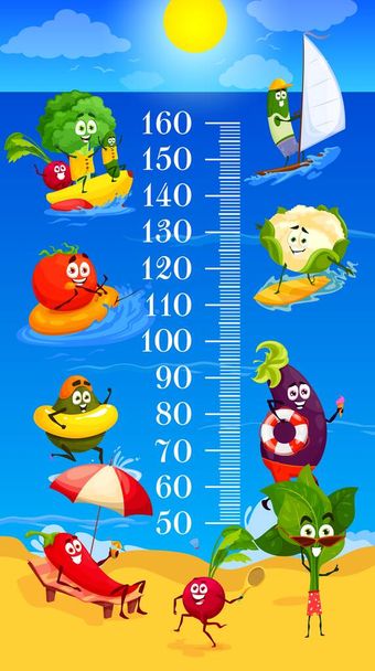 Kinderen lengte grafiek cartoon groenten op zomerstrand recreatie, groei meter. Happy vector groente personages broccoli, radijs en aubergine met tomaat zeilen, zonnebaden op zee, zwemmen in de oceaan - Vector, afbeelding