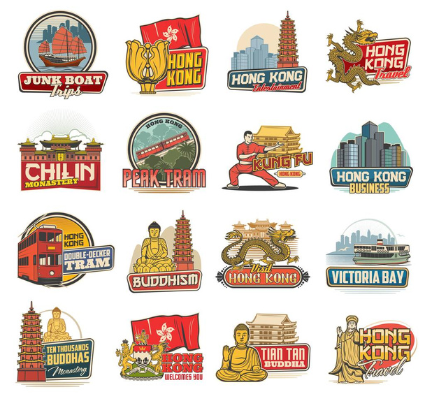 Hong Kong vector icons with Chinese travel landmarks, religion and culture symbols. Isolated Hong Kong flag with bauhinia flower, Buddha statue and temple pagoda, skyscrapers, dragons and coat of arms - Vector, Image