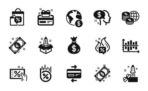 Vector set of Payment, World money and Startup icons simple set. Loan percent, Loyalty card and Diagram chart icons. Innovation, Money bag and Sale bags signs. Payment simple web symbol. Vector - Διάνυσμα, εικόνα