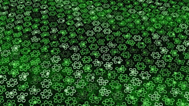 Farbiger Hintergrund mit bewegtem Kreismuster. Animation. Cyber-Feld mit beweglichen Kreisverkehren bildet primitive florale Muster. Einfaches florales Muster aus runden Steinen im elektronischen Raum - Foto, Bild