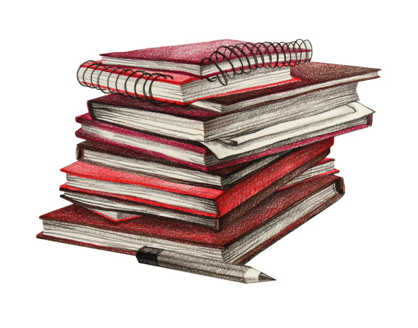 Kolor ołówki ręcznie rysowane stos starych brązowych książek i notebooka izolowane na białym tle. Wracać do szkoły. Sztuka obiekt kreatywny dla naklejki, karty, tapety - Zdjęcie, obraz