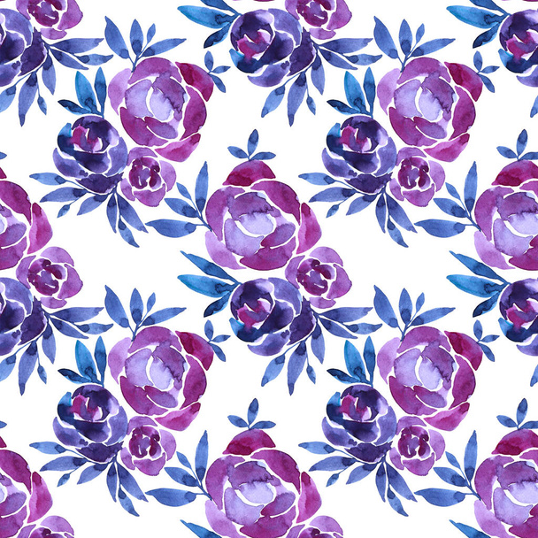 Seamless pattern watercolor hand-drawn purple peony or rose abstract flower with purple leaves on white background. Creative art for card, wallpaper, textile, wrapping - Photo, Image