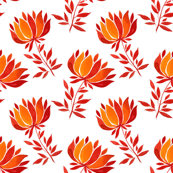 Naadloos patroon aquarel met de hand getekend oranje en rode bloem chrysant of lelie en herfst bladeren op witte achtergrond. Creatief natuurobject voor sticker, kaart, behang, textiel - Foto, afbeelding