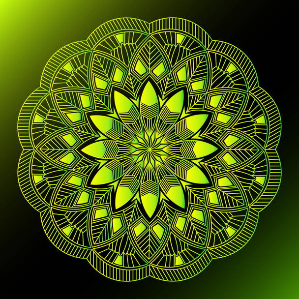 Sarı yeşilimsi çizgi sanat yaprağı mandala tasarımı ve tekrarlanan desen arkaplanı - Vektör, Görsel