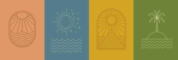 Linear art sun, moon, sea, island mountain, palm. - Vetor, Imagem