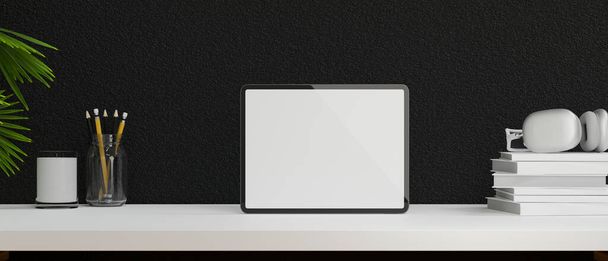 Mockup em pé tablet em um moderno espaço de trabalho design de interiores de escritório com fundo preto, decoração branca, renderização 3d, ilustração 3d - Foto, Imagem