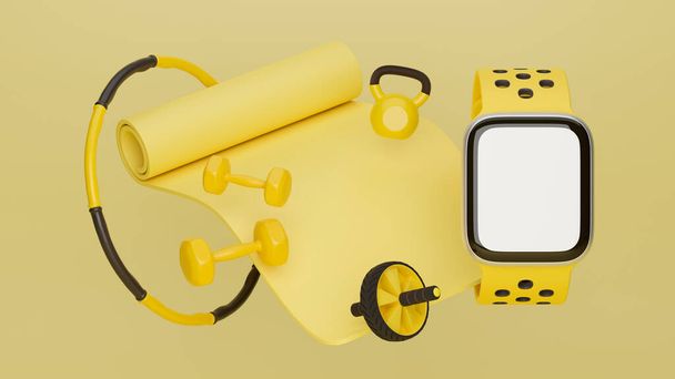 Banner en concepto de cardio con equipo deportivo, maqueta de reloj deportivo, estera de yoga, rueda de entrenamiento, aro hula, pesas, pesas en fondo amarillo, representación 3d, ilustración 3d - Foto, imagen