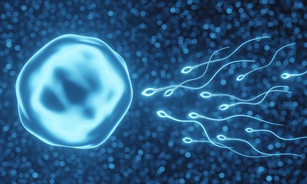 Representación 3D. esperma y óvulos microscópicos azules. - Foto, Imagen