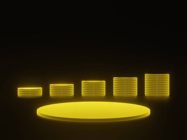 3D gerenderter goldener Ständer und Münzen auf schwarzem Hintergrund. - Foto, Bild