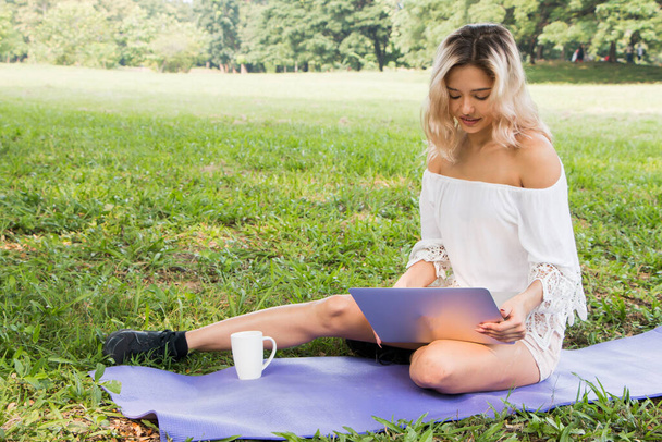 Beautiful woman on line social media with a laptop outdoor in a park - Photo, Image