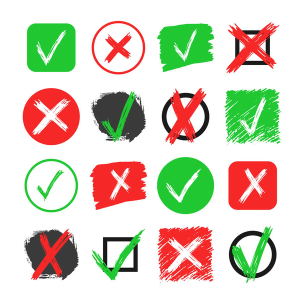 Set di sedici elementi disegnati a mano segno di spunta e croce isolati su sfondo bianco. Segno di spunta verde scarabocchio Grunge OK e X rossa in diverse icone. Illustrazione vettoriale - Vettoriali, immagini