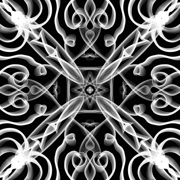 Nahtlose abstrakte geometrische florale monochrome Oberflächenmuster mit symmetrischer Form, die sich horizontal und vertikal wiederholt. Verwendung für Modedesign, Wohndekoration, Tapeten und Geschenkpakete. - Foto, Bild