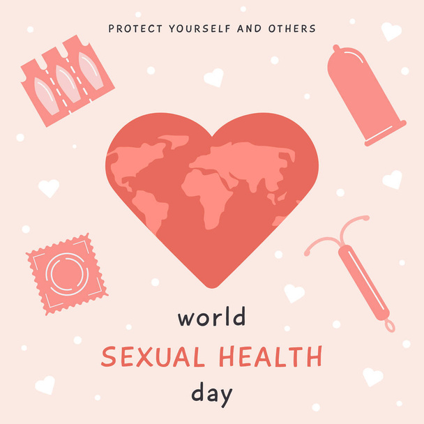 Maailman seksuaaliterveyspäivän tervehdyskortti. Ehkäisytuotteet ja maailmankartta sydämessä. Ehkäisymenetelmät. Ehkäisyä. Seksuaalikasvatuskyltti. Vektori kuva tasainen sarjakuva tyyli. - Vektori, kuva