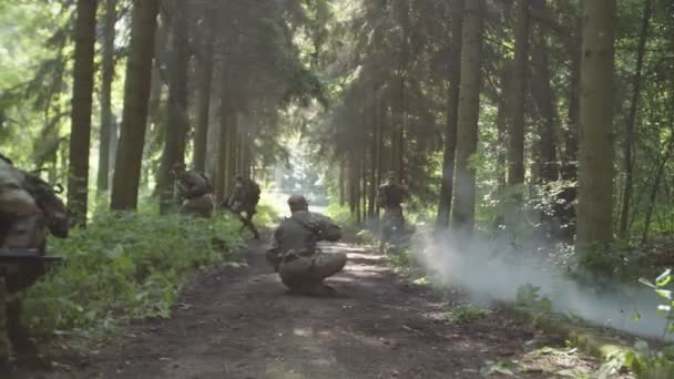 Διασώστης μάχης που εκκενώνει τραυματισμένο στρατιώτη από σημείο τραυματισμού στο δάσος - Πλάνα, βίντεο