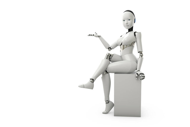 Uma garota robô humanoide sentada na caixa e mãos abertas no fundo branco. Conceito de inteligência artificial. Renderização 3d. - Foto, Imagem