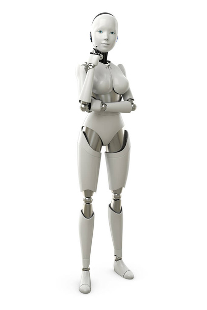 Una chica robot humanoide está de pie y pensando en el fondo blanco con el camino de recorte. Concepto de inteligencia artificial. 3d renderizar. - Foto, imagen
