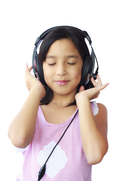 Asia girl wearing headphones on white background - Photo, Image