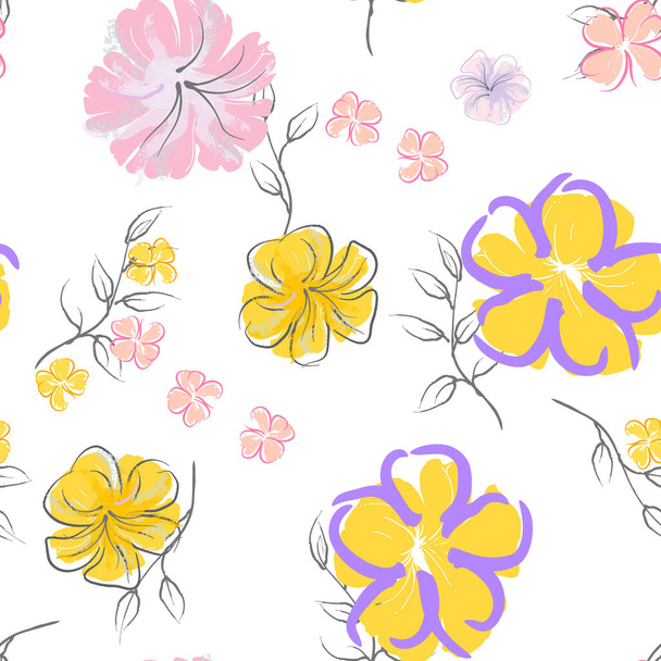 Pink Flowers Blooming Pattern. Pastel Watercolor Floral Print. Little Pink, Yellow, Lilac flower on grey leaf. Elegant brush Background. Seamless Botanical Vector Surface. Texture For Fashion Prints. - Vektor, Bild