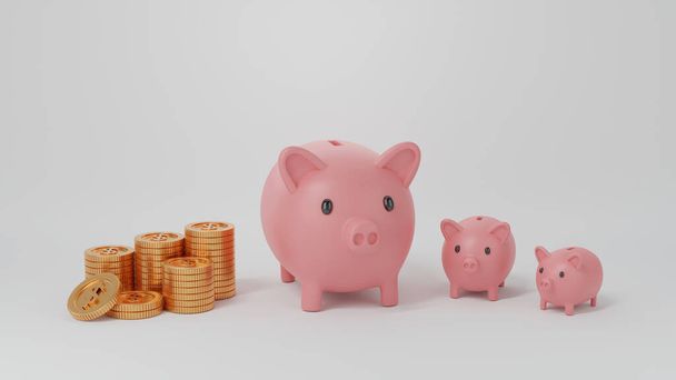 three growing pink piggy banks and golden coins stacks isolated on white background. saving or save money or open a bank deposit concept, 3D rendering - Photo, Image