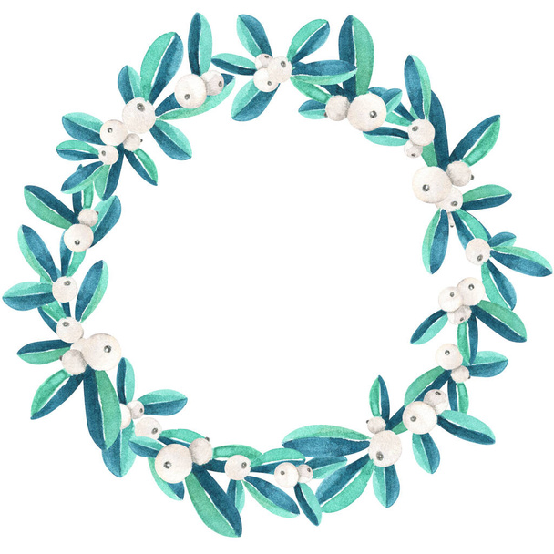 Watercolor wreath from white berries and leaves - Photo, Image