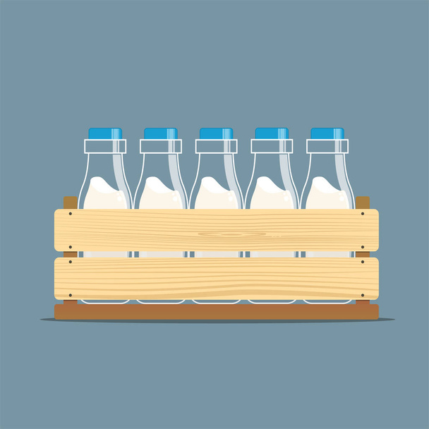 Vector illustration of wooden vegetable box with holes and bottles of milk. Fruit drawer front view. Crate isolated on white background. Box for storage and transportation of food. Flat style design - Вектор, зображення