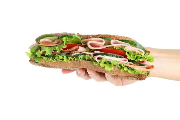 Female hand holds ciabatta sandwich, isolated on white background - Zdjęcie, obraz