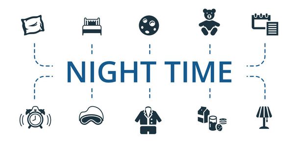 Night Time icon set. Contains editable icons theme such as sleep mask, pajamas, milk and cookies and more. - Vector, Image