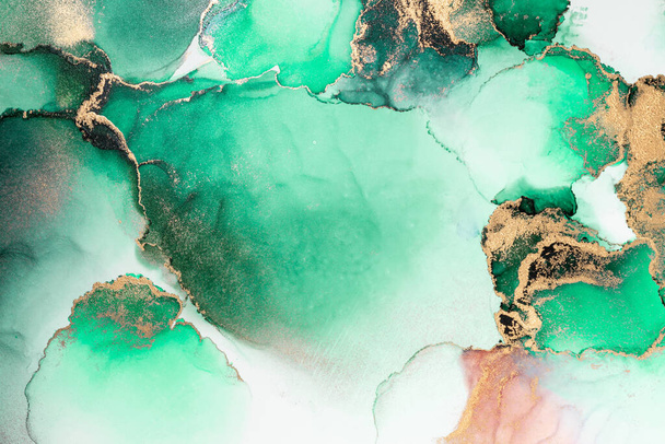 Green gold abstract background of marble liquid ink art painting on paper . - Foto, afbeelding