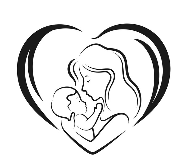 ママ抱擁とホールド赤ちゃんでハートサインで抽象的な描画ラインスタイルベクトルデザイン - ベクター画像