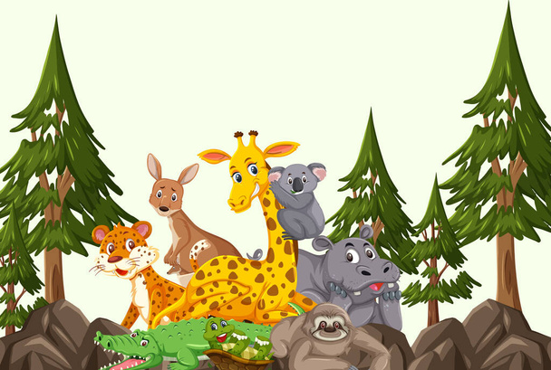 Ομάδα άγριων ζώων στην απεικόνιση δασικών σκηνών - Διάνυσμα, εικόνα