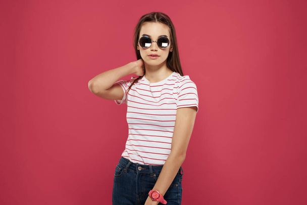 cute brunette in striped t-shirt posing fashion summer style - Φωτογραφία, εικόνα