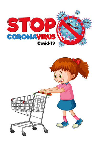 Arrêter Coronavirus fonte design avec une fille debout par panier isolé sur fond blanc illustration - Vecteur, image