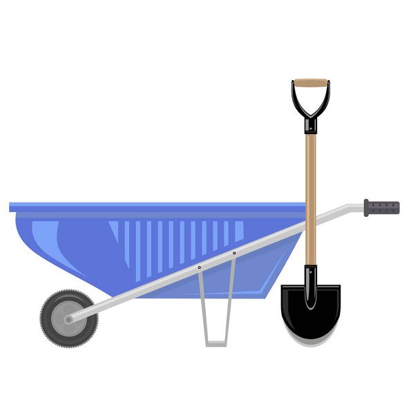 Raster Blue Wheelbarrow and Garden Shovel Isolated on White Background - Photo, Image