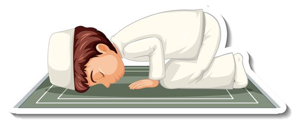 A sticker template with Muslim boy sitting on rug and praying illustration - Vector, Image